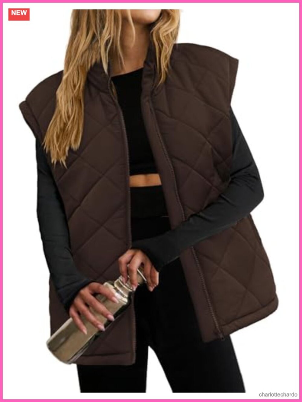 Oversized Quilted Puffer Vest Zip Up Stand Collar Lightweight Warm Winter